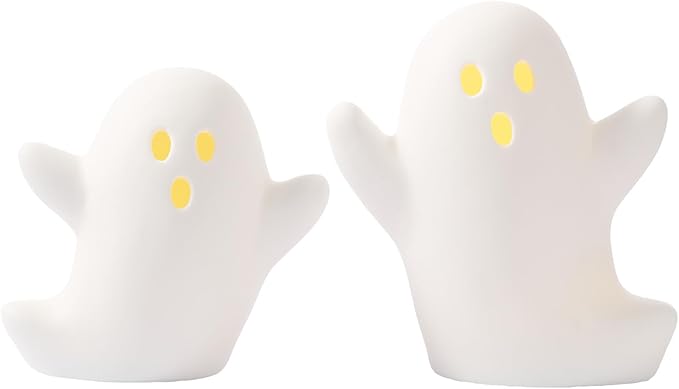 WDS WONDROUS Halloween Decorations Light Up Ghost Figurines Set of 2, White Floating Ghost Statues with LED, Ceramic Cute Halloween Figurines Decor for Tabletop Shelf Mantel Desk Indoor