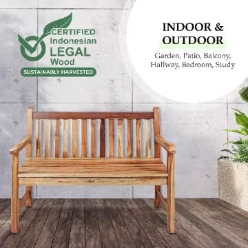 EcoDecors Hampstead 51 inch Heath Outdoor Bench Teak Wood Garden Bench for Patio with Armrests and Backrest for Indoor Use and Outdoor, in Natural Color