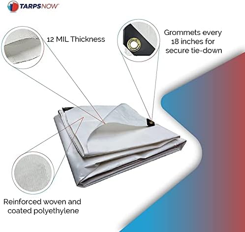 Tarps Now 26x40 Feet Poly Tarp |12 MIL Heavy Duty Waterproof Cover |Rip and Tear Proof Plastic Tarp with Rustproof Aluminum Grommets & Reinforced Edges |Ideal for Roof Repairs, Landscaping-White