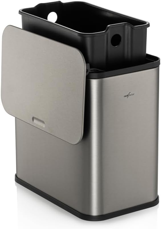 RED FACTOR Stainless Steel Hanging Trash Can with Lid and Inner Bucket – Slim 1.3 Gallon Odor-Free Compost Bin for Kitchen Cabinet, Countertop, Under Sink, or Bathroom (Metallic Gray)