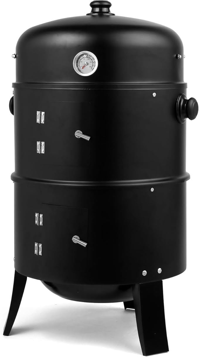 16 Inch Charcoal Smoker, 3-in-1 Meat Smoker Grill with Thermometer & Dual Cooking Racks Portable Outdoor BBQ Smoker with 2 Access Doors, Easy to Clean, for Backyard, Camping & Parties
