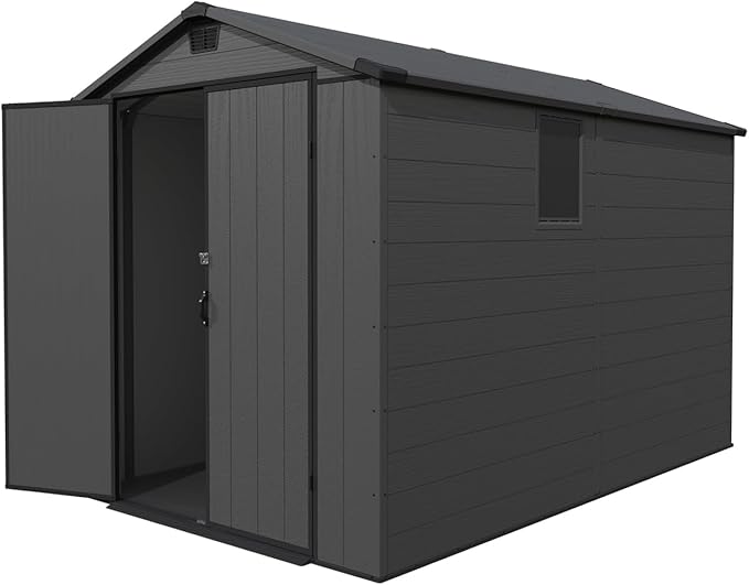 Patiowell 6 x 10 FT Outdoor Plastic Storage Shed with Floor - Lockable Resin Tool Shed, 2 Windows, Easy Assembly for Garden/Backyard (Dark Grey)