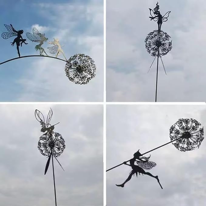 Flower Fairy Dancing with Dandelion, Art Sculpture Fairies for Fairy Garden, Angel Metal Ornaments Gardens Art Sculpture, Outdoor Decorations for The Courtyard, Lawn and Terrace (C)