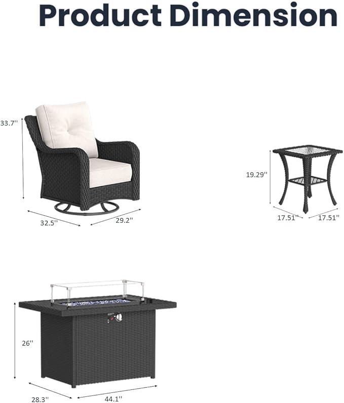 7 Pieces Outdoor Patio Furniture Sets with Rocking Swivel Chairs with 6-inch Thick Cushion and Fire Pit Table for Deck Lawn