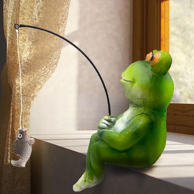 Frog Fishing Statue Garden Decor – 9.8" Weatherproof Resin Frog Fishing Sculpture Decor for Fish Ponds, Koi Ponds, Waterfalls, Poolside & Outdoor Gardens– Resin Figurine for Indoor & Outdoor Décor