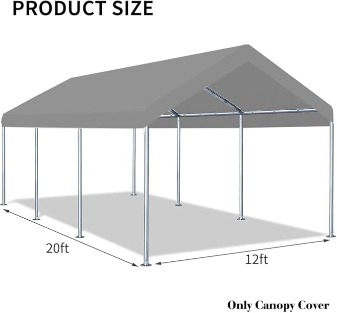 Rutile 12 x 20 FT Carport Replacement Cover, Heavy Duty Car Tarp Canopy Tent Replacement Top w/Ball Bungees Gray (Only Top Cover, Frame is not Included)