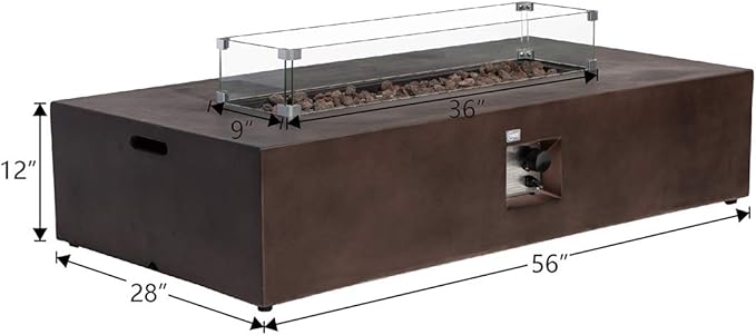 COSIEST Outdoor Propane Fire Pit Table 56" x 28" Rectangle Bronze Compact Concrete-Like Finish, CSA Certified, 50,000 BTU,Wind Guard, Tank Outside, Free Lava Rocks, Fits 20lb Tank Outside, Raincover