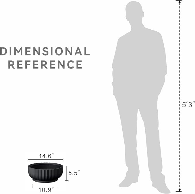 Kante Round Fulted Bowl Planter, 14.6 Inch Dia Large Concrete Flower Pots with Drainage Hole and Rubber Plug, Suitable for for Indoor Outdoor Plants, Home, Patio, Garden, Black