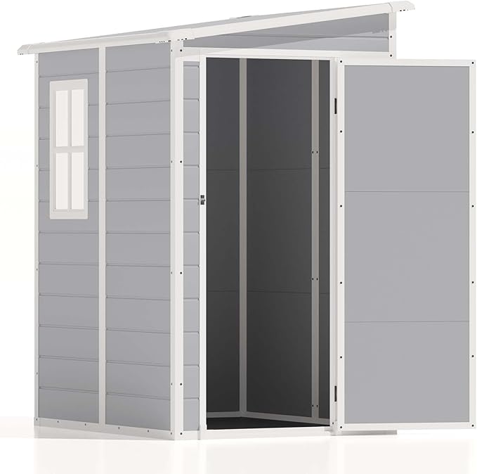 Patiowell 5x4 FT Outdoor Storage Shed, Resin Storage Shed with Floor & Lockable & Window Door for Patio Furniture, Garden Tools and Bicycle, White & Grey