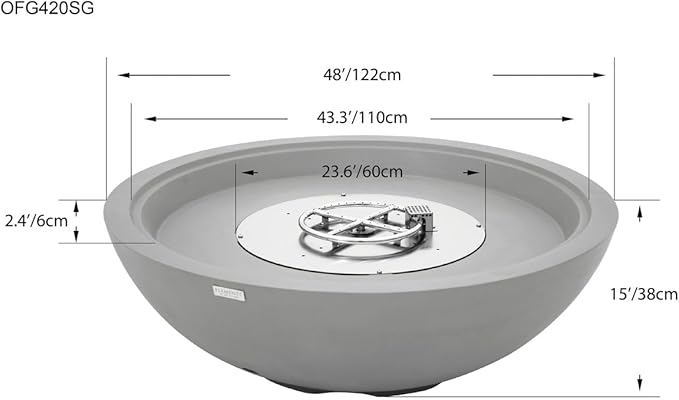Rose Bowl Concrete Fire Pit 48" x 48" Outdoor Patio Firepit Includes Lava Rocks Modern Fire Pits & Outdoor Fireplaces for Garden, Deck, Indoor & Outdoor Heating