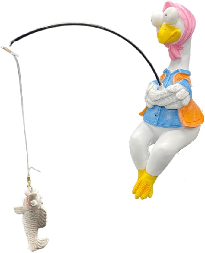 Chicken Fishing Statue Garden Decor – 9.8" Weatherproof Resin Chicken Fishing Sculpture Decor for Fish Ponds, Koi Ponds, Waterfalls, Poolside/Outdoor Gardens– Resin Figurine for Indoor/Outdoor Décor
