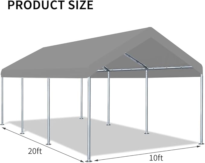10'x20' Upgraded Carport Replacement Top Canopy Cover for Car Garage Shelter Tent Party Tent with Ball Bungees Grey (Only Top Cover, Frame is not Included)