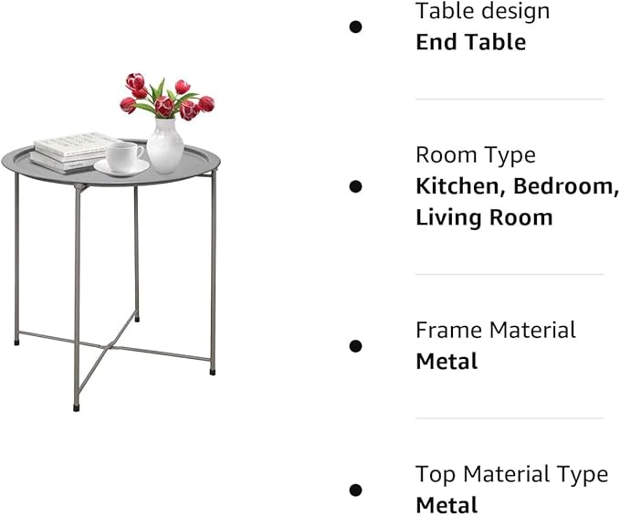 Garden 4 you Folding Tray Metal Side Table 2PC Grey Round End Table Cyan Sofa Small Accent Fold-able Table, Round End Table Tray, Next to Sofa Table, Snack Table for Living Room and Bed Room