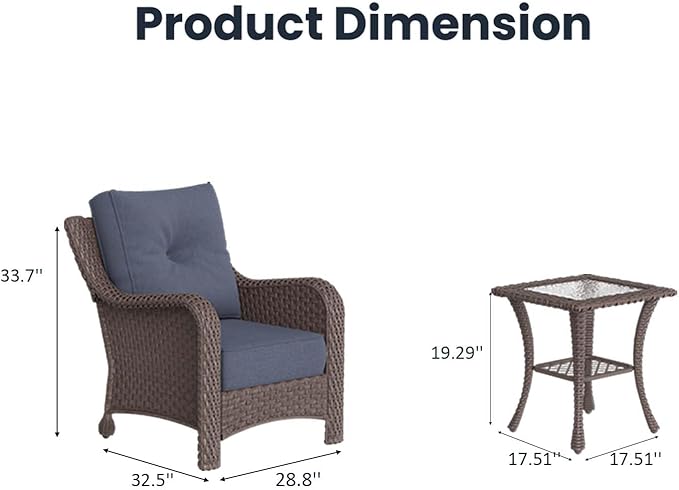 3 Pieces Outdoor Patio Furniture Sets with Single Chairs with 6-inch Thick Cushion and Side Table for Deck Lawn