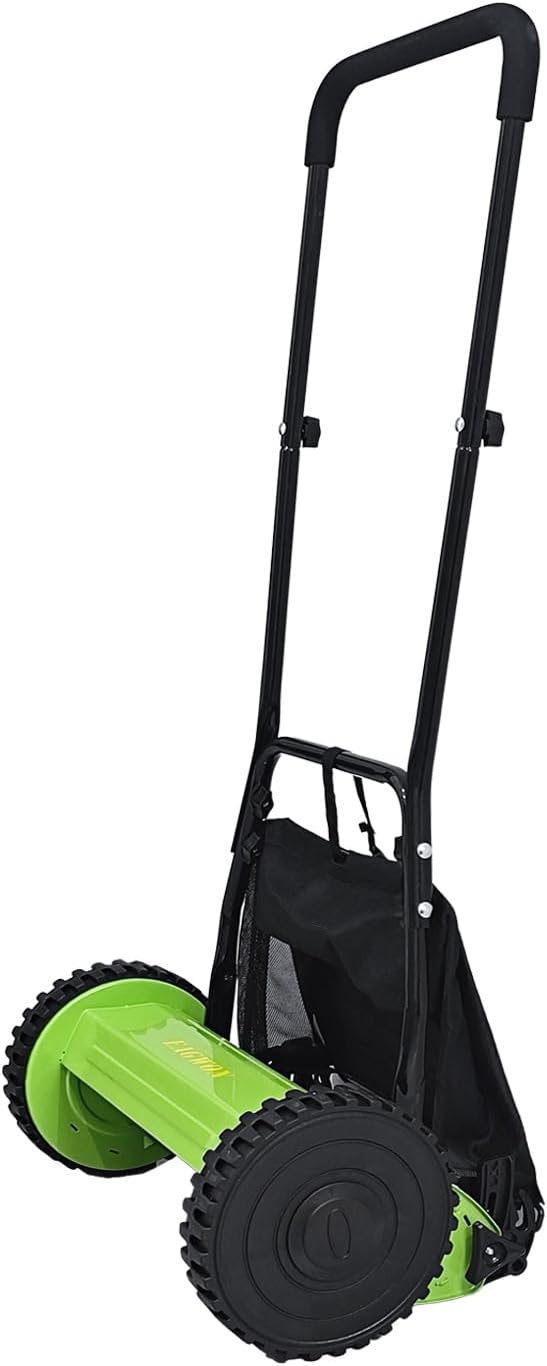 14-Inch 5-Blade Manual Push Reel Lawn Mower Cordless, with Removable Grass Catcher Bag & Adjustable Cutting Height, for Yard & Garden Grass Cutting