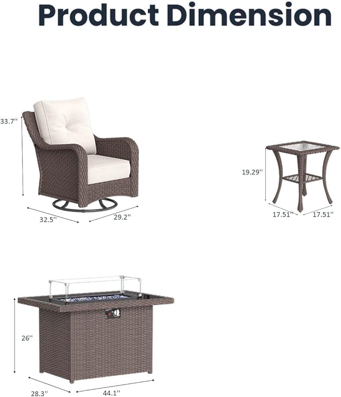 7 Pieces Outdoor Patio Furniture Sets with Rocking Swivel Chairs with 6-inch Thick Cushion and Fire Pit Table for Deck Lawn