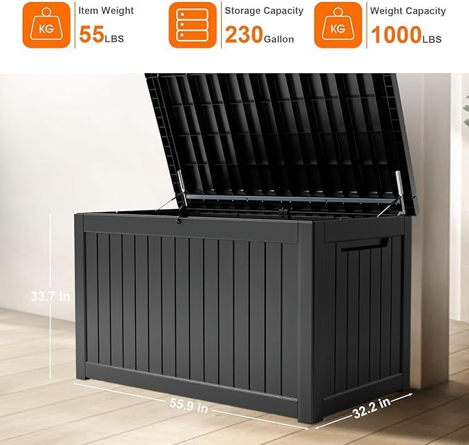 ROJIK Outdoor Storage Housing Deck Box,Waterproof Patio Furniture, Garden Tools,Cushions,Pool Accessories Storage Bench with Lockable Lid and Side Handles (Black,230 Gal)