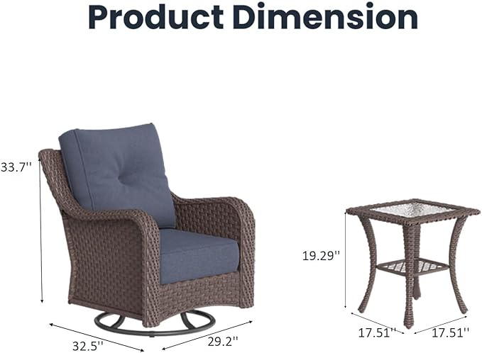 3 Pieces Outdoor Patio Furniture Sets with Rocking Swivel Chairs with 6-inch Thick Cushion and Side Table for Deck Lawn