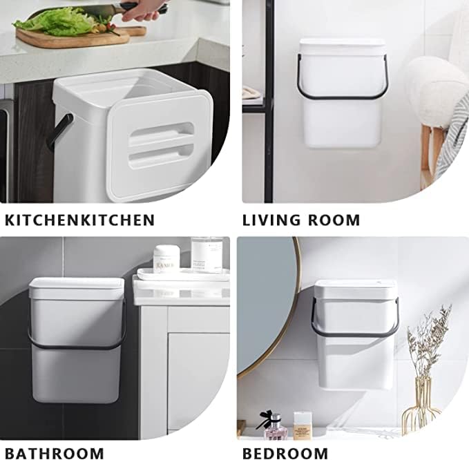 Compost Caddy, Detachable Handle and Countertop Bin, Small Compost Bin with Lid, Plastic Tiny Wastebasket for Office/Kitchen/Refrigerator/RV, 3L/0.8 Gal Series, White