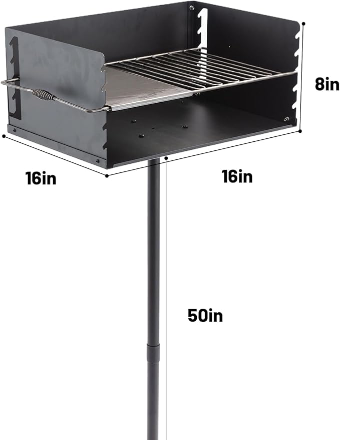 Park-Style Charcoal Grill Heavy Duty Steel Outdoor BBQ Grill with Grate and Single Post Outdoor Cooking Backyard Barbecues Camp Grilling 16x16x8 Inch