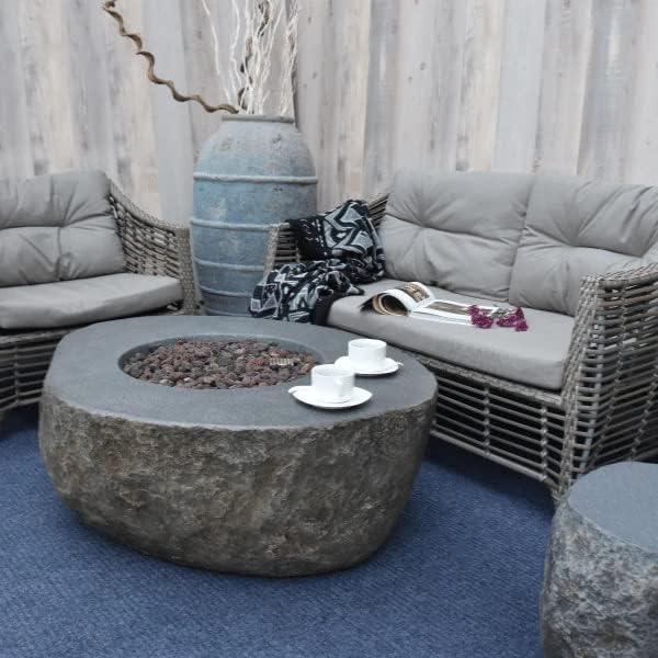 Elementi | Boulder Gas Fire Pit Cast Concrete Semi-Round Fire Table, Outdoor Fire Pit Electronic Ignition | Canvas Cover, Lava Rock Included | Propane Gas