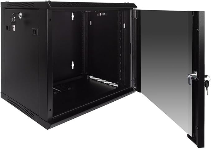 NavePoint 9U Server Rack Enclosure with Glass Door, Cooling Fan, Locks, & Removable Side Panels - 9U Wall Mount Network Cabinet 19 Inch Rack 17.7 Inches Deep