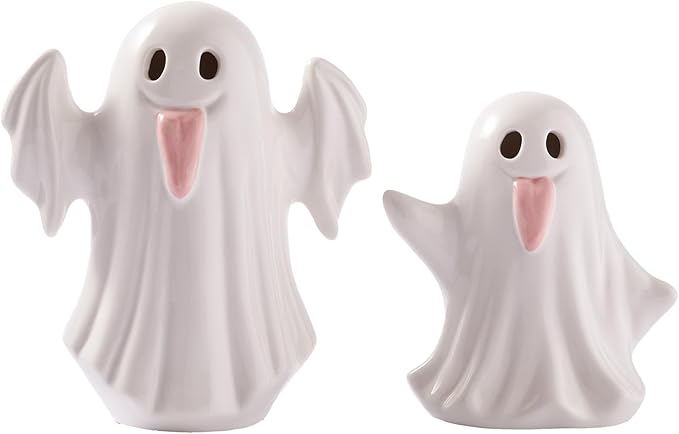 WDS WONDROUS Halloween Decor Ghost Figurines Light Up – White Set of 2 Ghost Figurines with Pink Tongue –Cute Halloween Ceramic Ghost Statues Decorations for Table Indoor(5.51x6.29”and 4.72x5.11”)