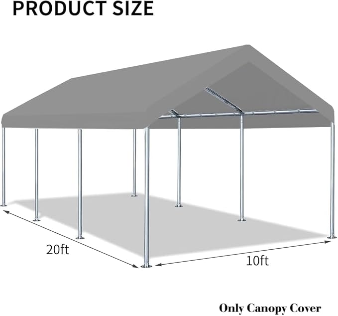 Rutile 10 x 20 FT Carport Replacement Cover, Heavy Duty Car Tarp Canopy Tent Replacement Top w/Ball Bungees Gray (Only Top Cover, Frame is not Included)