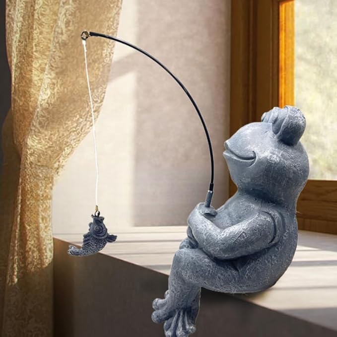 Frog Fishing Statue Garden Decor – 9.8" Weatherproof Resin Frog Fishing Sculpture Decor for Fish Ponds, Koi Ponds, Waterfalls, Poolside & Outdoor Gardens– Resin Figurine for Indoor & Outdoor Décor