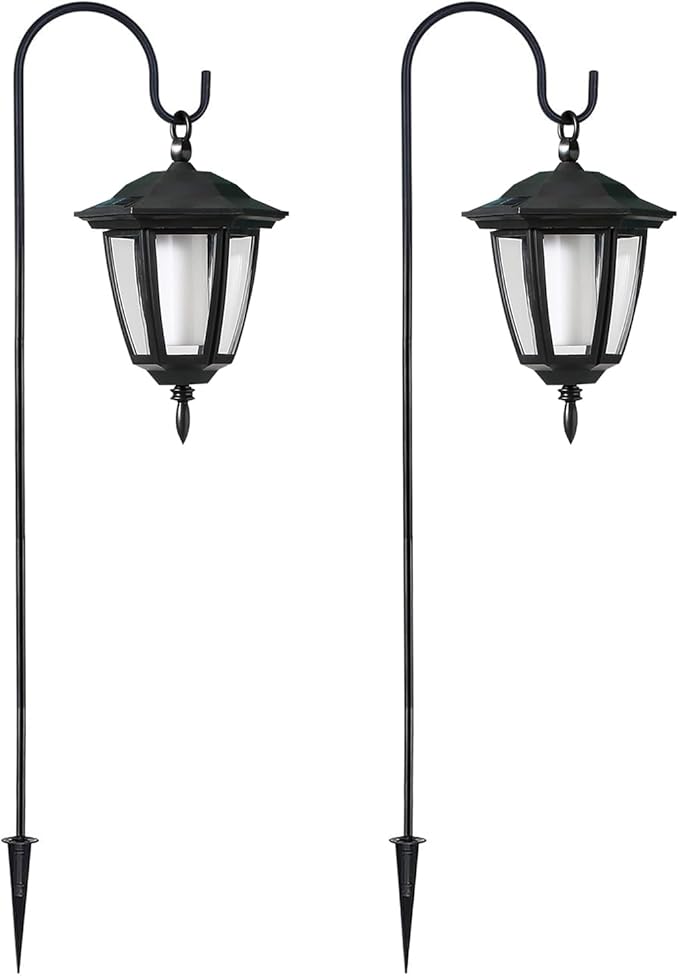 Dynaming 2 Pack Solar Halloween Flame Hanging Lights Outdoor, Flickering Flame LED Garden Lanterns with 2x38 Inch Shepherd Hooks, Landscape Lighting Waterproof for Lawn Yard Pathway Driveway, Purple
