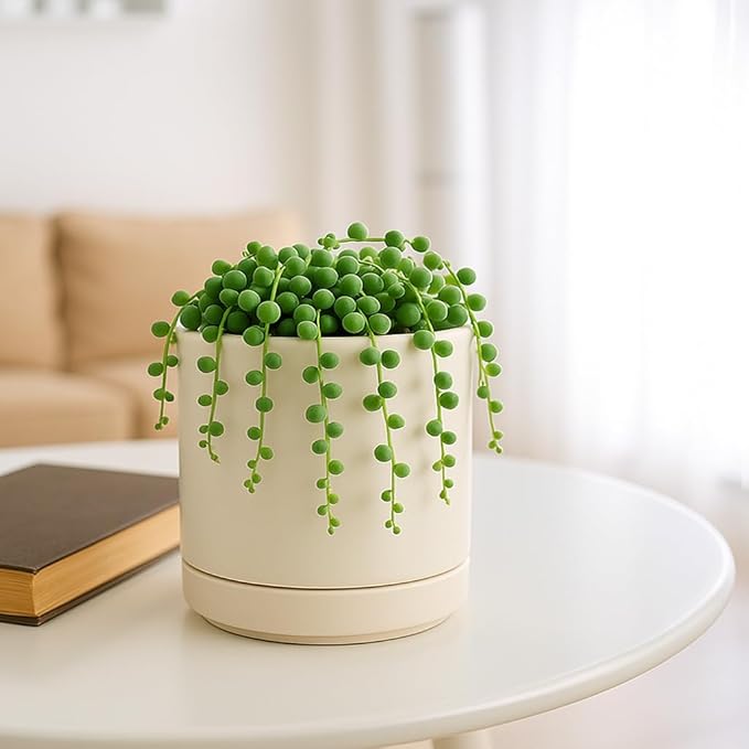 D'vine Dev Set of 2 Plants Pots, 4.7 Inch Ceramic Planter Pot for Plants with Drainage Hole and Saucer, Oatmeal, 94-V-B-8