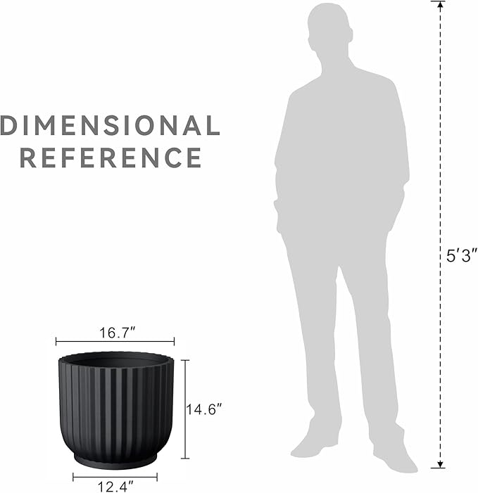 Kante Round Fulted Planter, 16.7 Inch Dia Large Concrete Plant Pots with Drainage Hole and Rubber Plug, Modern Decor for Indoor Outdoor Plants, Flower, Black