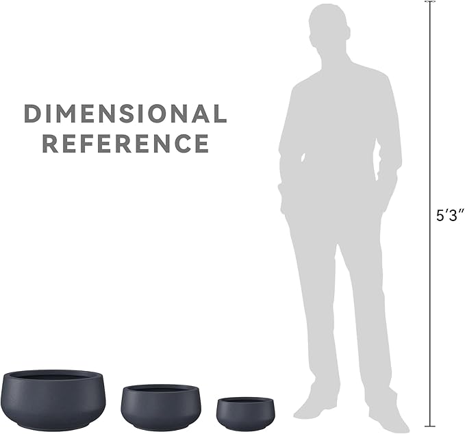 Kante 21.6",16.9",and 12.5" Dia Round Charcoal Elegant Planters (Set of 3), Outdoor Indoor Garden Plant Pot with Drainage Hole and Rubber Plug for Home & Patio