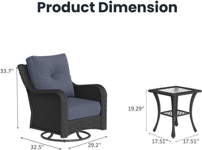 6 Pieces Outdoor Patio Furniture Sets with Rocking Swivel Chairs with 6-inch Thick Cushion and Side Table for Deck Lawn