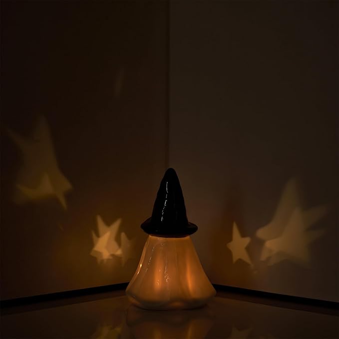WDS WONDROUS Light Up Halloween Ghost Decorations Set of 2, Cute Ghost Figurines with Witch Hat Halloween Decor, Ceramic Ghosts Light for Indoor Fall Table Decor, Home Tiered Tray Fireplace