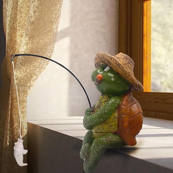 Tortoise Fishing Statue Garden Decor,9.8" Weatherproof Resin Tortoise Fishing Sculpture Decor for Fish Ponds, Koi Ponds, Waterfalls, Poolside Outdoor Gardens Resin Figurine for Indoor Outdoor Décor