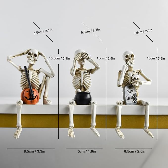 Halloween Decorations Indoor Skeleton Statues See Speak Hear No Evil Figurines for Mantel Table - Realistic Resin Skull Spooky Gothic Home Decor Set of 3