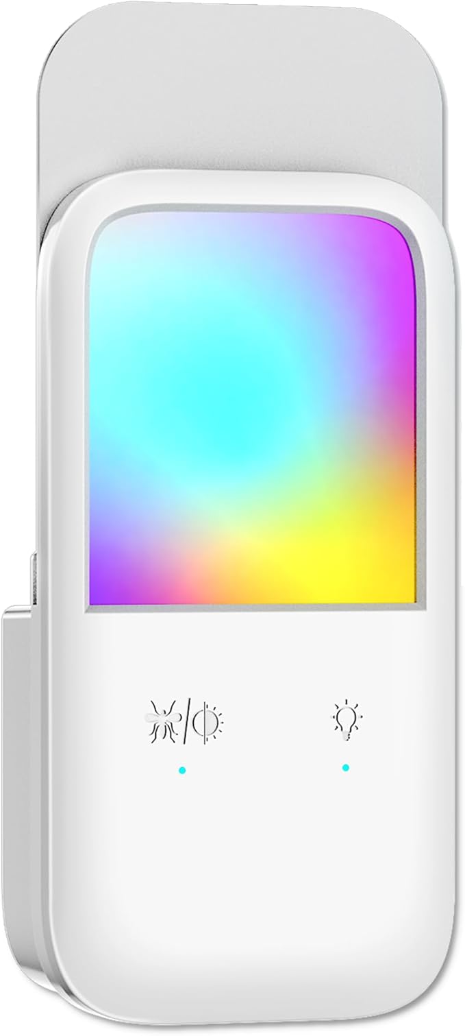 Plug-in Fly Trap & Nightlight - Indoor Insect Catcher for Mosquitoes, Gnats, Fruit Flies with RGB Night Lamp for Home, Kitchen, Office (White, 1 Bug Light Device with 5 Sticky Pads)