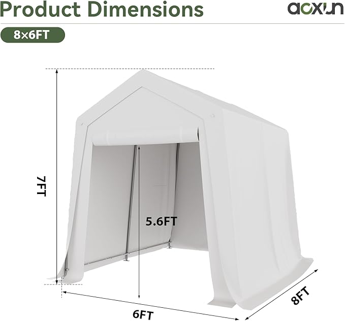 Aoxun 6x8x7 FT Outdoor Portable Storage Shed Tent with Roll-up Zipper Door and Window Portable Carport with Waterproof Tarp Galvanized Steel for Motorcycle, Generator, Bike Storage (White)