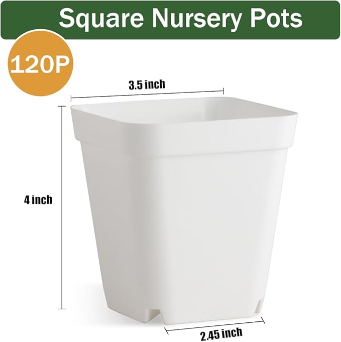 BTPLASTIK 120 Pcs Nursery Pots 3.5 Inch, Plastic Seed Starting Pot with Drainage Holes, Small Sturdy Seedling pots for Planting, Cuttings (White)