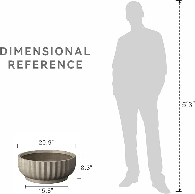 Kante Round Fulted Bowl Planter, 20.9 Inch Dia Large Concrete Flower Pots with Drainage Hole and Rubber Plug, Suitable for for Indoor Outdoor Plants, Home, Patio, Garden, Weathered Concrete