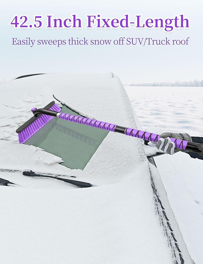 HEEYA 42.5 Inch Car Scraper Snow Brush, 12.6 Inch Large Brush Head with Ice Scraper for Window Windshield, Portable Snow Scraper for SUV Truck Vehicle Jeep RV Auto - Purple