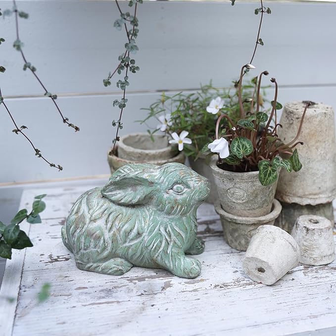 Garden Rabbit Statue Cement Bunny Decor Easter Bunny Figurines for Home Outdoor Garden Statues Cement Sculpture for Yard Patio Lawn Ornament, Green