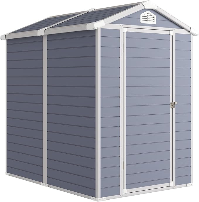 Aoxun 4 x 6 FT Outdoor Storage Shed with Window, Resin Shed with Floor & Lockable Doors, Small Garden Shed Waterproof Plastic Tool Shed with Sloped Roof for Backyard, Garden, Patio, Lawn, Grey