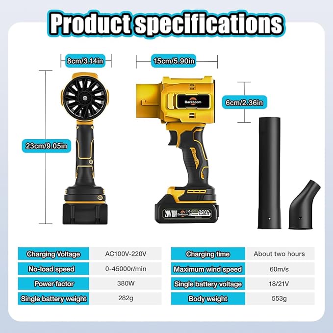 Handheld Leaf Blower Cordless with 45000RPM Turbo Blower 2pcs Batteries an Adapter Charger and Two Types of air ducts
