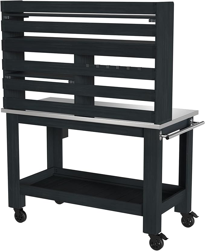 GDLF Potting Bench Table Large Outdoor Kitchen Island Prep Station with Stainless Steel Top Waterproof Cover, Hardwood, 66.9" H