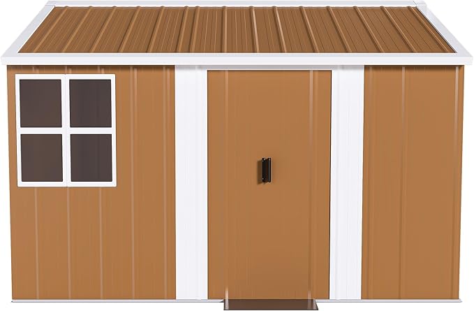 10x8 FT Outdoor Steel Storage Shed with Clear Windows, Sliding Lockable Door & Ventilation, Brown and White Weather-Resistant Metal Tool Shed for Garden, Backyard, Lawn, and Utility Storage