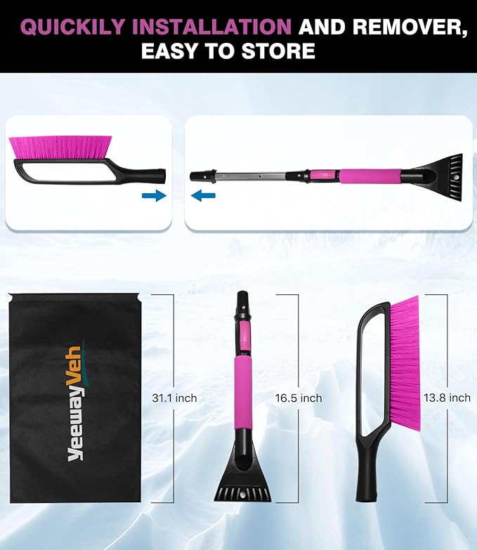 YeewayVeh 35 inch Snow Brush and Ice Scraper for Car Windshield, Extendable Snow Brush for Car with Soft Grip & Additional Handhold, 2 in 1 Detachable Snow Scraper for Car Truck SUV Vehicle, Magenta