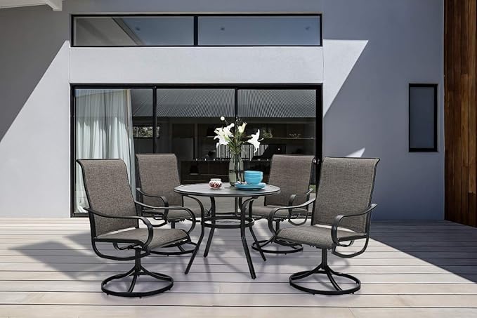 PHI VILLA 5 Piece Patio Dining Set, 4 Swivel Patio Chairs and 1 Round Metal Table with 1.57" Umbrella Hole, All Weather Resistant for Lawn Garden