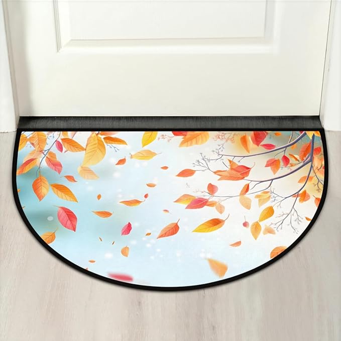 cfpolar Non-Slip Soft Half Round Door Mat, Maple Leaf Maple Tree Autumn Semicircle Mat for Indoor Entrance Garage Bath Living Room Patio 24 x 36 in